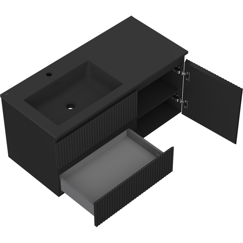 Mexen Rivel mobile da bagno 100 cm con lavabo Otis sinistro, 2S, 1D, scanalato, nero opaco - 91A23-10047-3-BBFFF71-W18L71