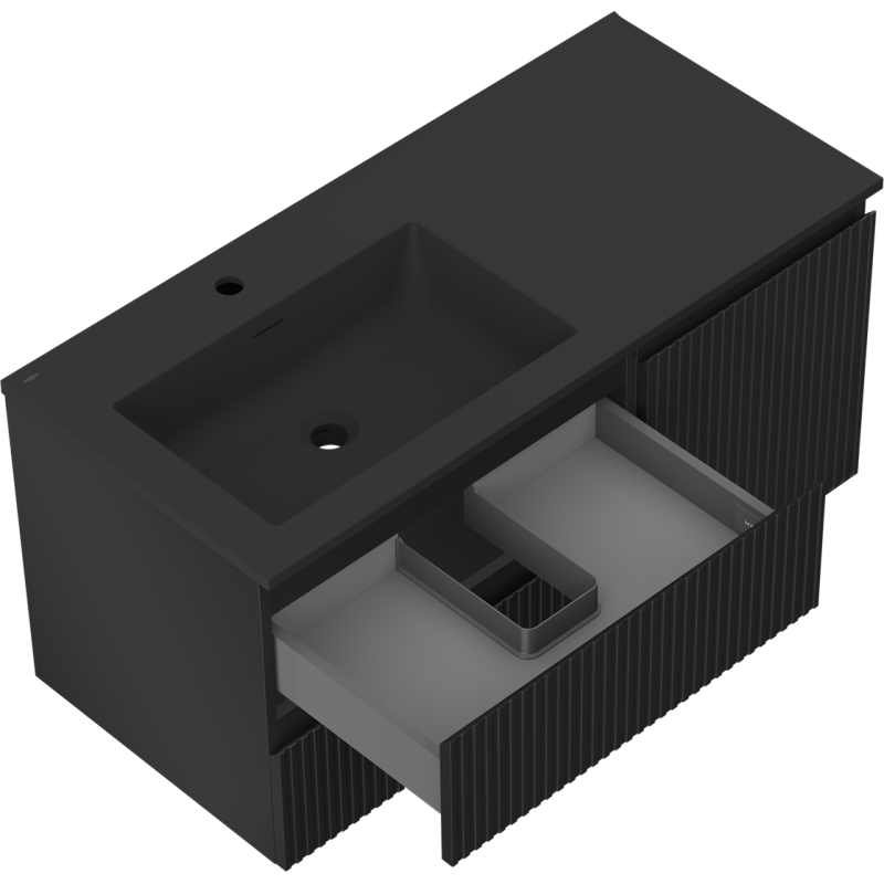 Mexen Rivel mueble de baño 100 cm con lavabo Otis izquierdo, 2S, 1D, acanalado, negro mate - 91A23-10047-3-BBFFF71-W18L71