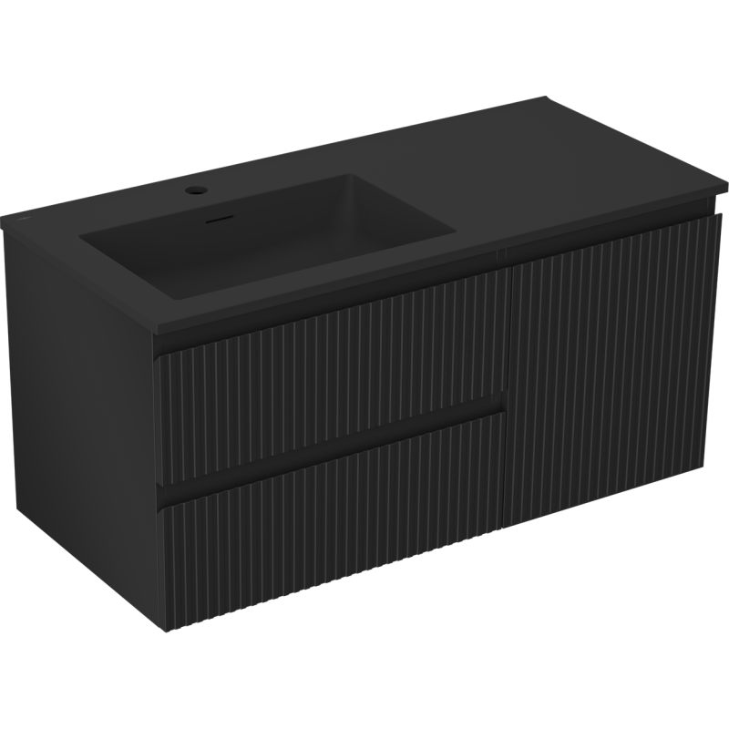 Mexen Rivel Badezimmerschrank 100 cm mit Waschbecken Otis links, 2S, 1D, geriffelt, schwarz matt - 91A23-10047-3-BBFFF71-W18L71