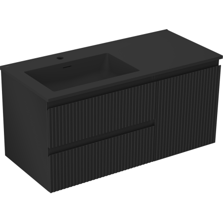 Mexen Rivel Badezimmerschrank 100 cm mit Waschbecken Otis links, 2S, 1D, geriffelt, schwarz matt - 91A23-10047-3-BBFFF71-W18L71