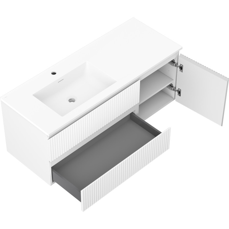 Mexen Rivel badkamerkast 120 cm met wastafel Otis links, 2S, 1D, geribbeld, wit mat - 91A23-12047-3-BBFFF01-W18L01
