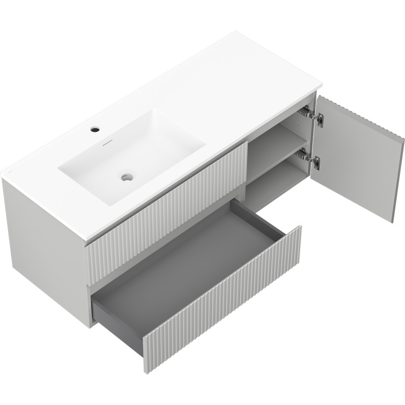 Mexen Rivel 120 cm badkamerkast met wastafel Otis links, 2 laden, 1 deur, geribd, grijs mat/wit mat