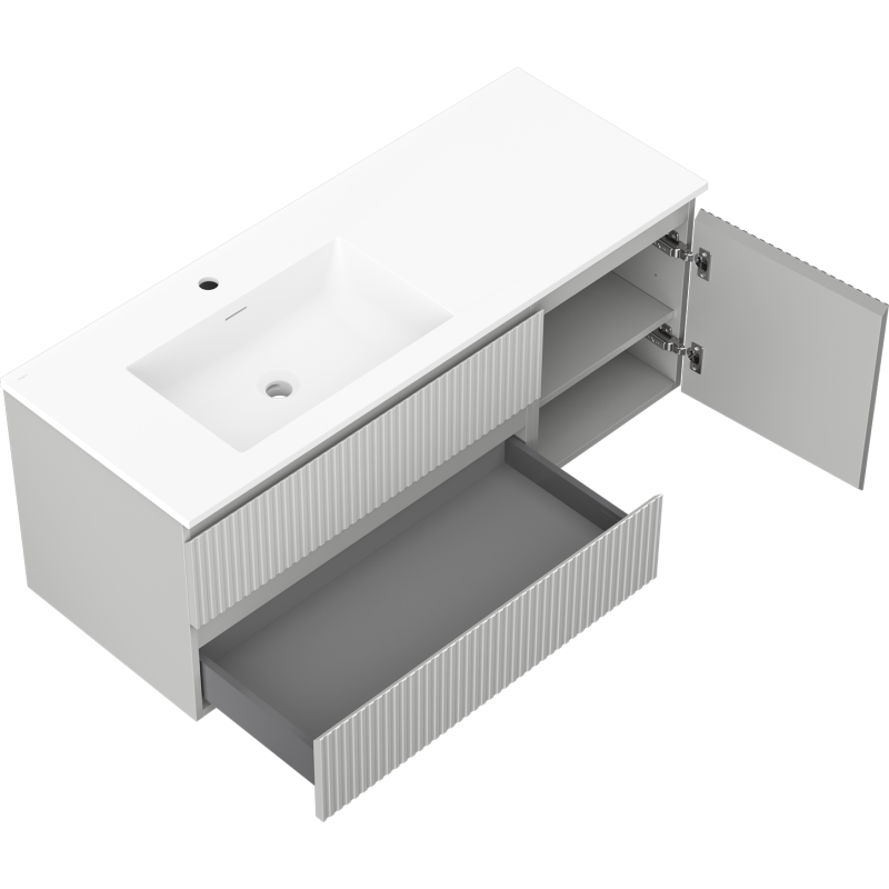 Mexen Rivel bathroom cabinet 120 cm with Otis sink left, 2S, 1D, ribbed, gray matte/white matte - 91A23-12047-3-BBFFF62-W18L01