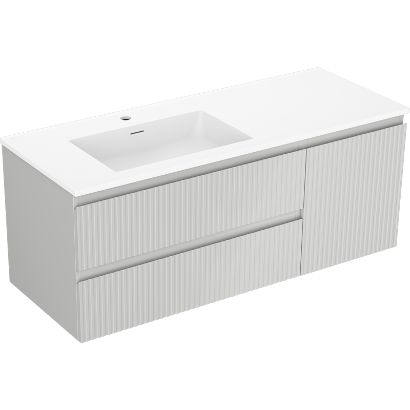 Mexen Rivel bathroom cabinet 120 cm with Otis sink left, 2S, 1D, ribbed, gray matte/white matte - 91A23-12047-3-BBFFF62-W18L01