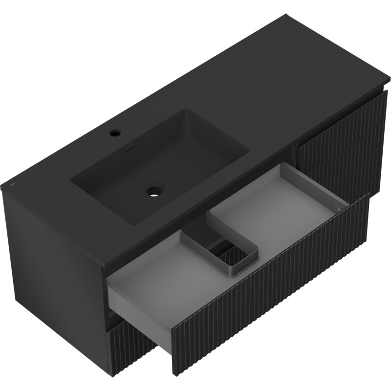 Mexen Rivel Badezimmerschrank 120 cm mit Waschbecken Otis links, 2S, 1D, geriffelt, schwarz matt - 91A23-12047-3-BBFFF71-W18L71