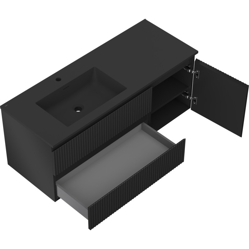 Mexen Rivel badkamerkast 120 cm met wastafel Otis links, 2S, 1D, geribbeld, zwart mat - 91A23-12047-3-BBFFF71-W18L71