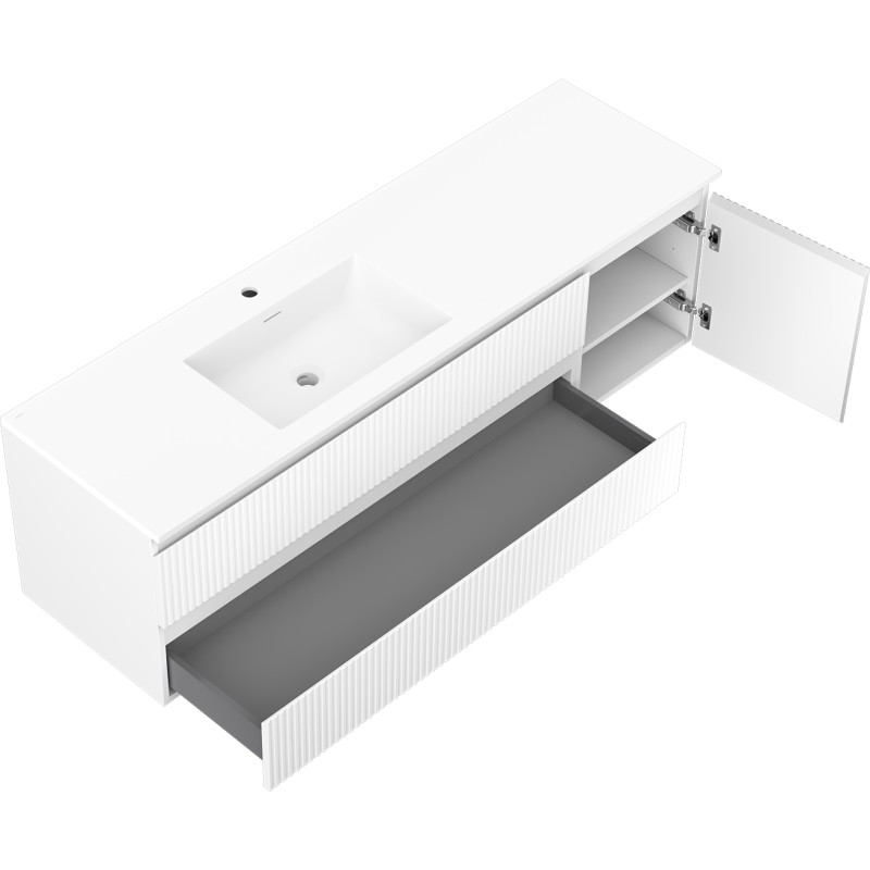 Mexen Rivel badkamerkast 160 cm met wastafel Otis links, 2S, 1D, geribbeld, wit mat - 91A23-16047-3-BBFFF01-W18L01