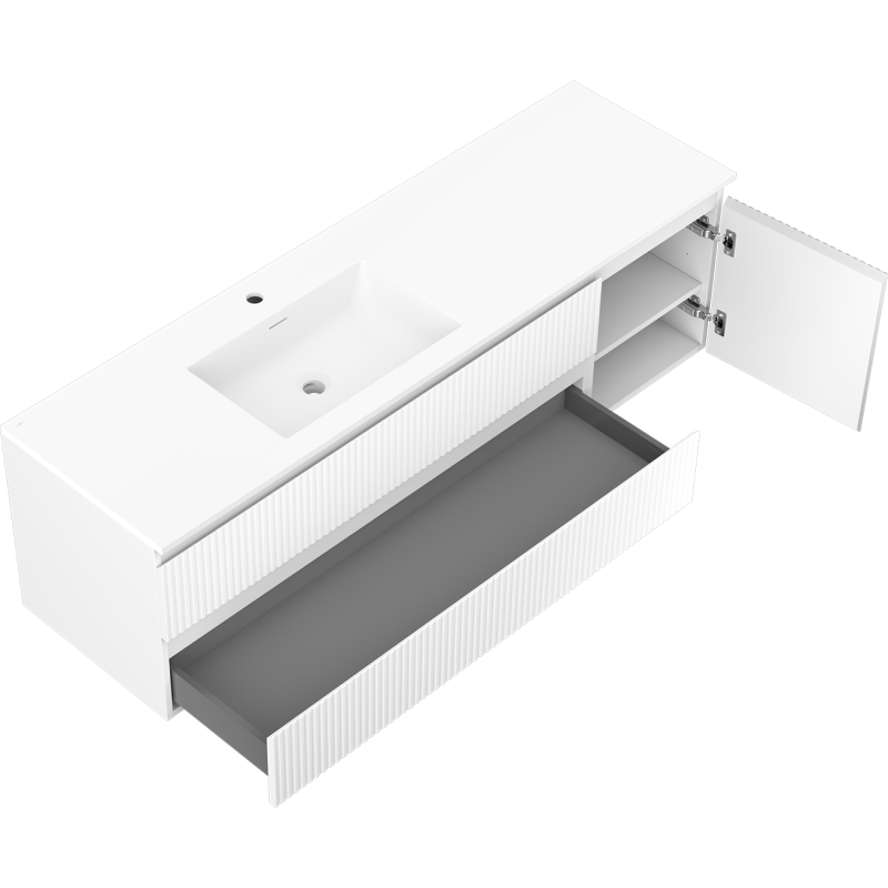 Mexen Rivel mueble de baño de 160 cm con lavabo Otis izquierdo, 2S, 1D, estriado, blanco mate - 91A23-16047-3-BBFFF01-W18L01
