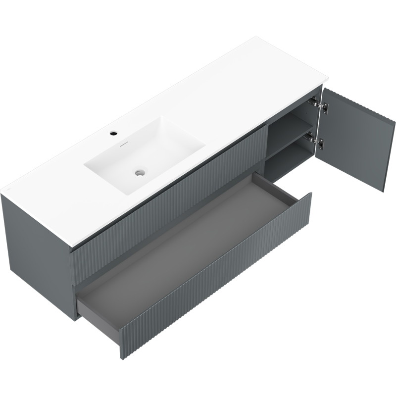 Mexen Rivel badkamerkast 160 cm met wastafel Otis links, 2S, 1D, geribbeld, grafiet/wit mat - 91A23-16047-3-BBFFF66-W18L01