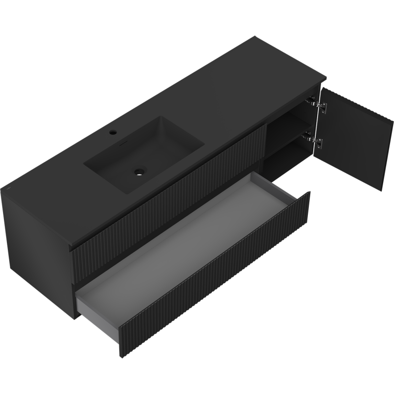 Mexen Rivel armoire de salle de bain 160 cm avec lavabo Otis gauche, 2S, 1D, rainuré, noir mat - 91A23-16047-3-BBFFF71-W18L71