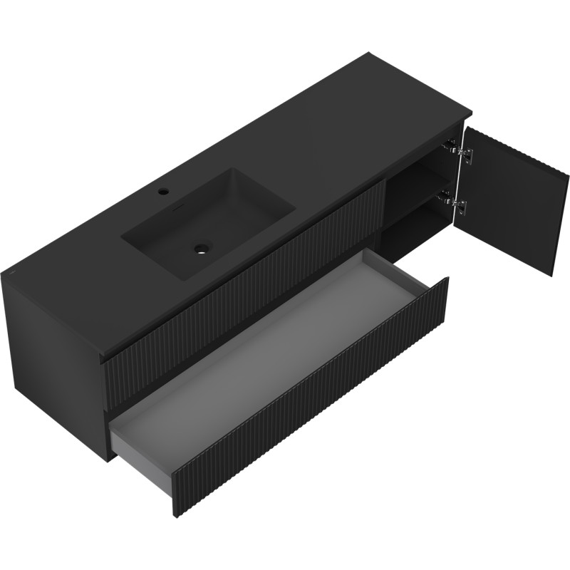 Mexen Rivel Badezimmerschrank 160 cm mit Waschbecken Otis links, 2S, 1D, geriffelt, schwarz matt - 91A23-16047-3-BBFFF71-W18L71