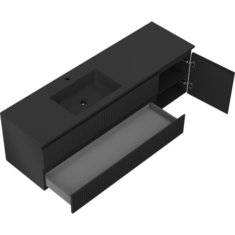 Mexen Rivel mueble de baño de 160 cm con lavabo Otis izquierdo, 2S, 1D, ranurado, negro mate - 91A23-16047-3-BBFFF71-W18L71