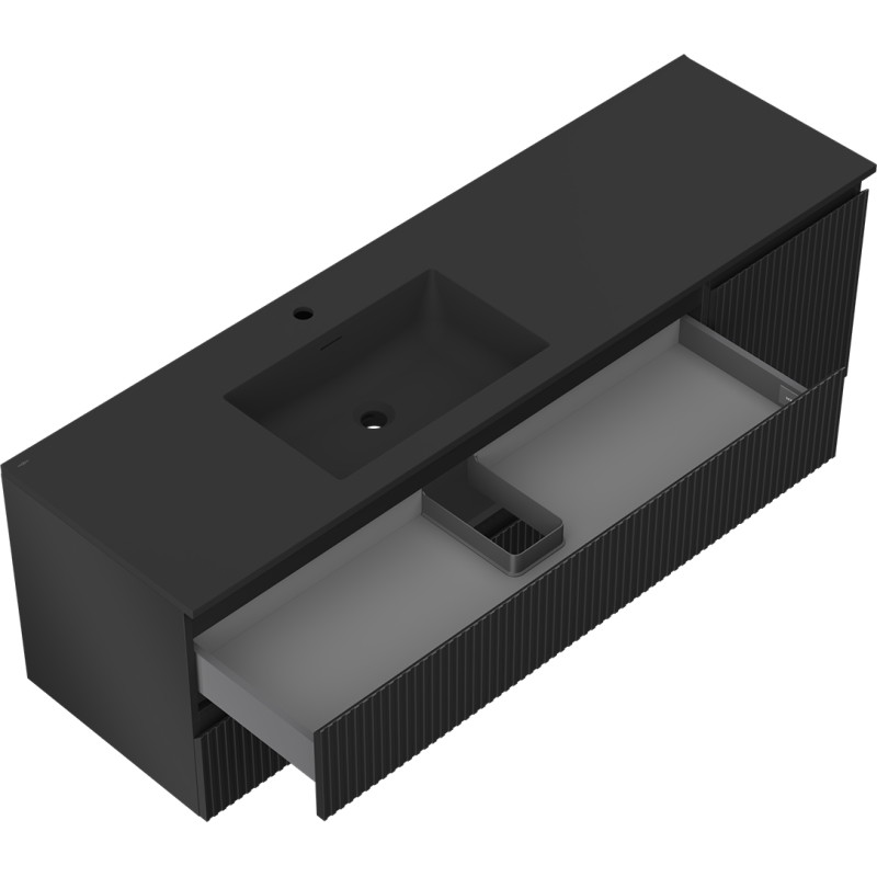 Mexen Rivel badkamerkast 160 cm met Otis wastafel links, 2L, 1D, geribbeld, zwarte mat - 91A23-16047-3-BBFFF71-W18L71