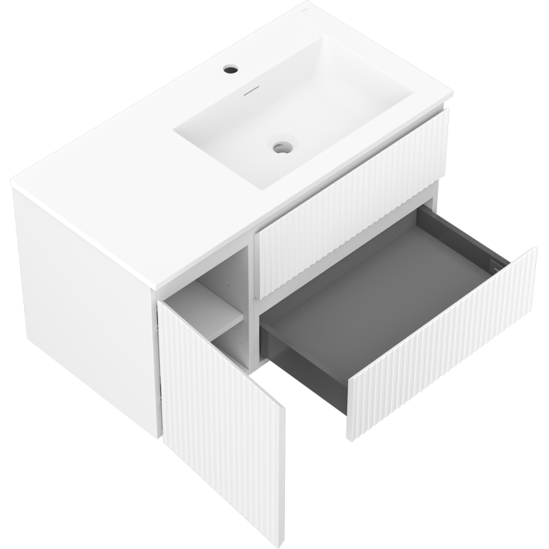 Mexen Rivel armadietto da bagno 90 cm con lavabo Otis destro, 2S, 1D, scanalato, bianco opaco - 91A23-09047-3-BBFFF01-W18P01