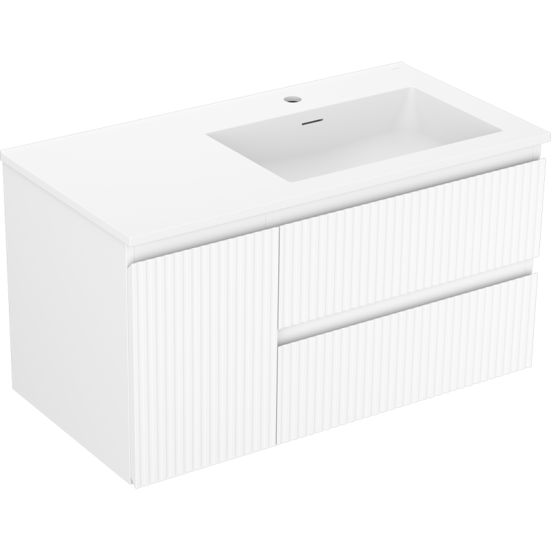 Mexen Rivel armário de casa de banho 90 cm com lavatório Otis direito, 2S, 1D, ranhurado, branco mate