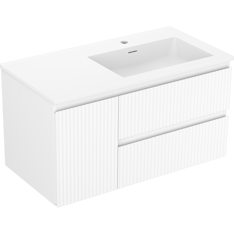 Mexen Rivel armoire de salle de bain 90 cm avec lavabo Otis à droite, 2S, 1D, rainurée, blanc mat