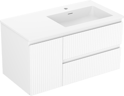 Mexen Rivel Badezimmerschrank 90 cm mit rechtem Otis-Waschbecken, 2S, 1D, geriffelt, weiß matt - 91A23-09047-3-BBFFF01-W18P01