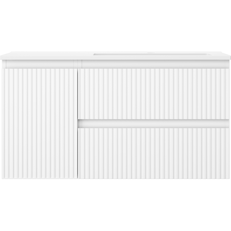 Mexen Rivel Badezimmerschrank 90 cm mit rechtem Otis-Waschbecken, 2S, 1D, geriffelt, weiß matt - 91A23-09047-3-BBFFF01-W18P01