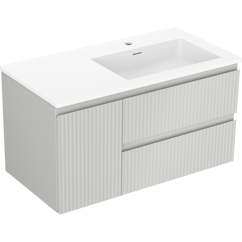 Mexen Rivel Badezimmerschrank 90 cm mit Waschbecken Otis rechts, 2S, 1D, gerillt, grau matt/weiß matt