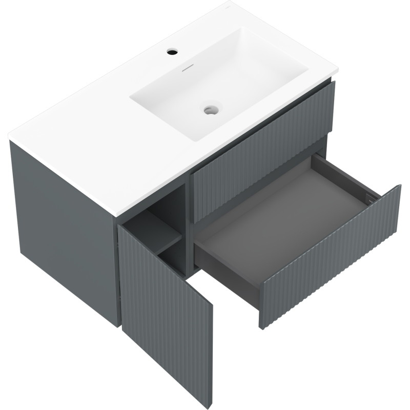 Mexen Rivel mobile da bagno 90 cm con lavabo Otis a destra, 2S, 1D, scanalato, grafite/bianco opaco