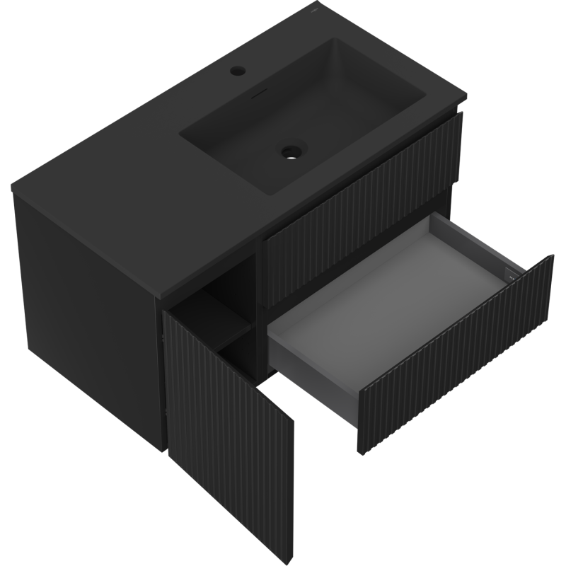 Mexen Rivel armadietto da bagno 90 cm con lavabo Otis destro, 2S, 1D, scanalato, nero opaco - 91A23-09047-3-BBFFF71-W18P71