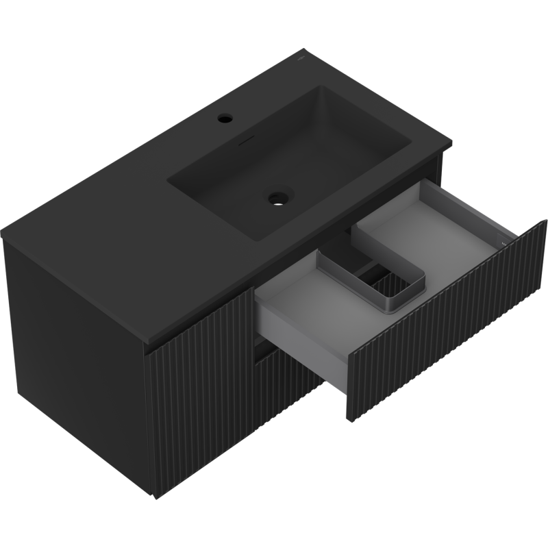 Mexen Rivel bathroom cabinet 90 cm with Otis sink right, 2S, 1D, grooved, black matte - 91A23-09047-3-BBFFF71-W18P71