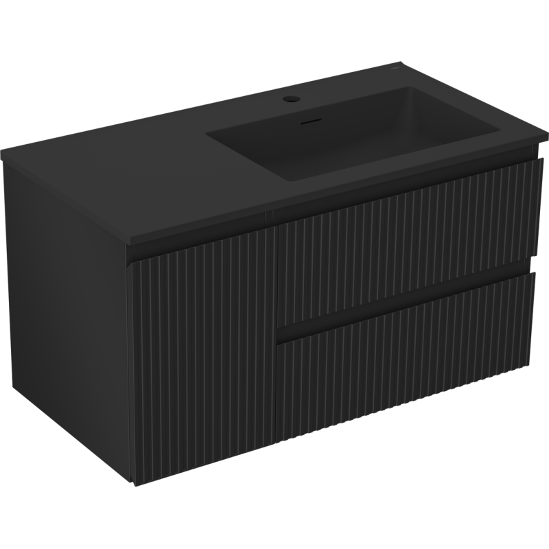 Mexen Rivel meuble-lavabo 90 cm avec lavabo Otis à droite, 2S, 1D, nervuré, noir mat - 91A23-09047-3-BBFFF71-W18P71