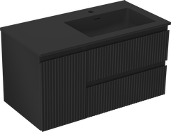 Mexen Rivel Badezimmerschrank 90 cm mit Waschbecken Otis rechts, 2S, 1D, geriffelt, schwarz matt - 91A23-09047-3-BBFFF71-W18P71