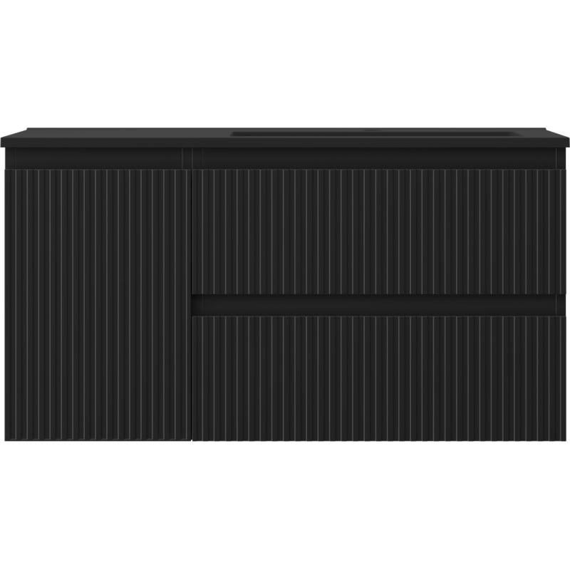 Mexen Rivel Badezimmer-Schrank 90 cm mit Waschbecken Otis rechts, 2S, 1D, gerillt, schwarz matt - 91A23-09047-3-BBFFF71-W18P71