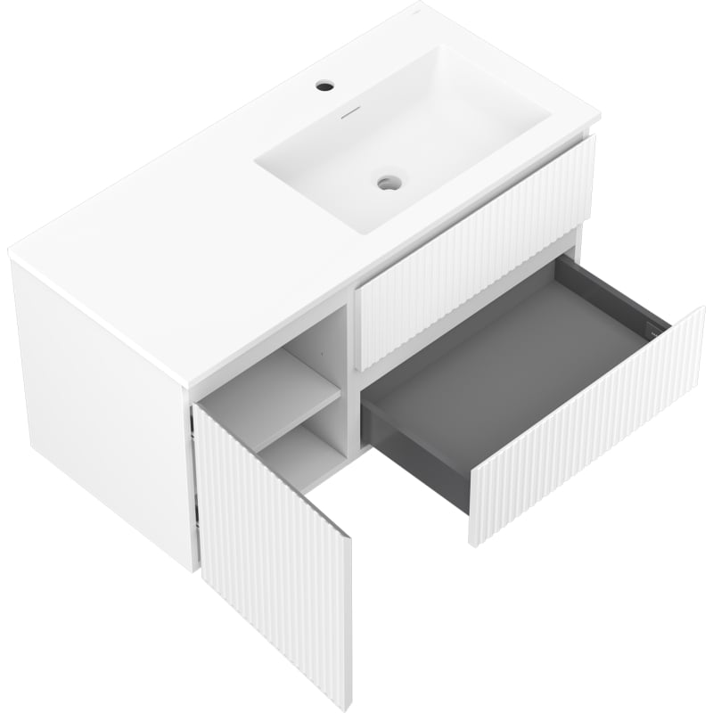 Mexen Rivel 100 cm bathroom cabinet with Otis right sink, 2 drawers, 1 door, fluted, matte white - 91A23-10047-3-BBFFF01-W18P01