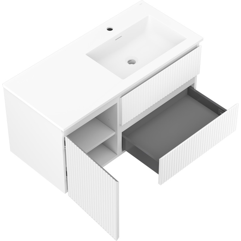 Mexen Rivel meuble de salle de bain 100 cm avec lavabo Otis droit, 2S, 1D, strié, blanc mat - 91A23-10047-3-BBFFF01-W18P01