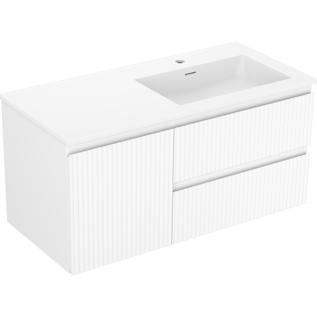 Mexen Rivel 100 cm bathroom cabinet with Otis right sink, 2 drawers, 1 door, fluted, matte white - 91A23-10047-3-BBFFF01-W18P01
