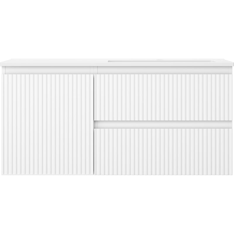Mexen Rivel 100 cm bathroom cabinet with Otis right sink, 2 drawers, 1 door, fluted, matte white - 91A23-10047-3-BBFFF01-W18P01