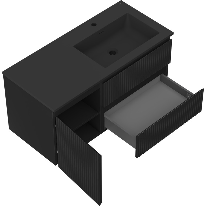 Mexen Rivel armadietto da bagno 100 cm con lavabo Otis destro, 2S, 1D, scanalato, nero opaco - 91A23-10047-3-BBFFF71-W18P71