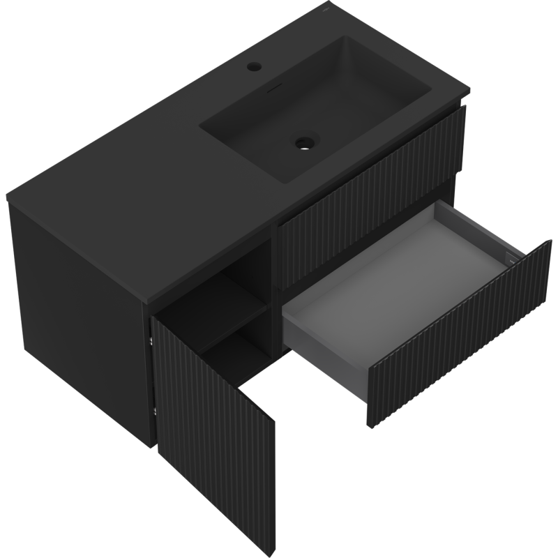 Mexen Rivel meuble de salle de bains 100 cm avec lavabo Otis droit, 2S, 1D, rainuré, noir mat - 91A23-10047-3-BBFFF71-W18P71