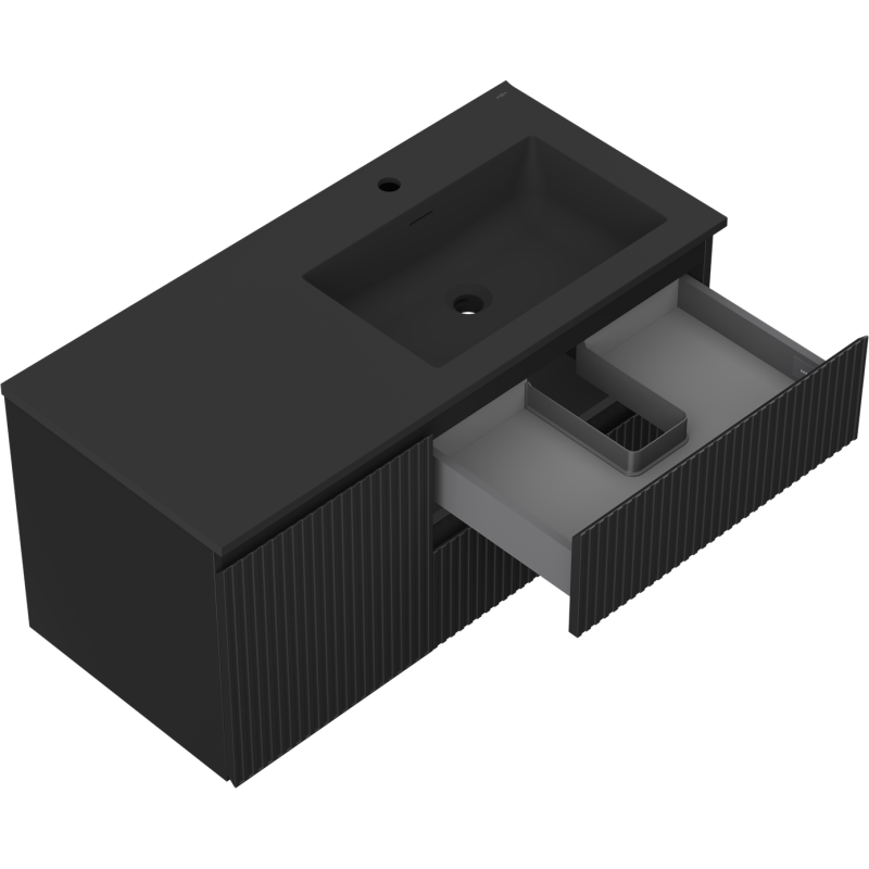 Mexen Rivel armario de baño 100 cm con lavabo Otis derecho, 2S, 1D, acanalado, negro mate - 91A23-10047-3-BBFFF71-W18P71