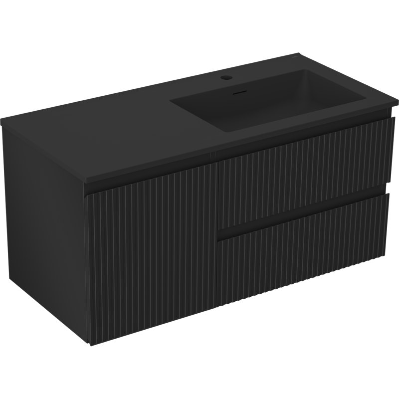 Mexen Rivel Badezimmerschrank 100 cm mit Waschbecken Otis rechts, 2S, 1D, geriffelt, schwarz matt - 91A23-10047-3-BBFFF71-W18P71