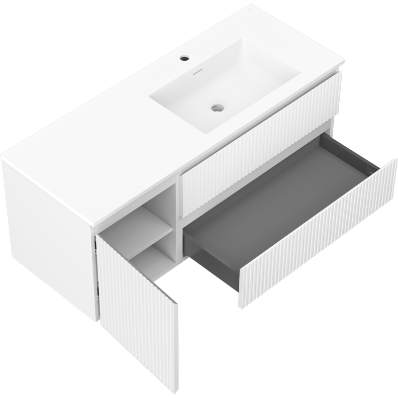 Mexen Rivel armário de casa de banho 120 cm com lavatório Otis direito, 2S, 1P, ranhurado, branco mate