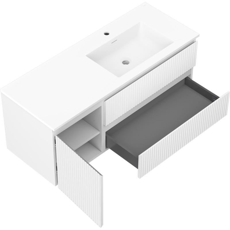 Mexen Rivel Badezimmerschrank 120 cm mit Waschbecken Otis rechts, 2S, 1T, geriffelt, weiß matt - 91A23-12047-3-BBFFF01-W18P01