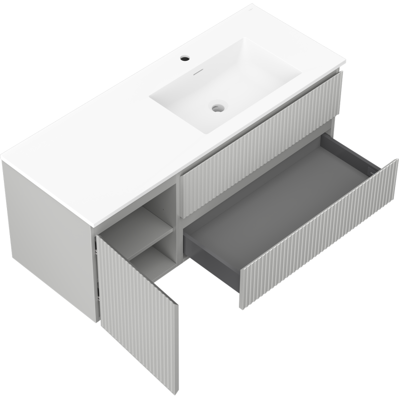 Mexen Rivel mueble de baño 120 cm con lavabo Otis derecho, 2S, 1D, ranurado, gris/blanco mate - 91A23-12047-3-BBFFF62-W18P01