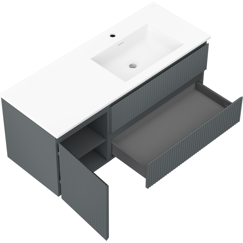 Mexen Rivel mueble de baño 120 cm con lavabo Otis derecho, 2S, 1D, estriado, grafito/blanco mate - 91A23-12047-3-BBFFF66-W18P01