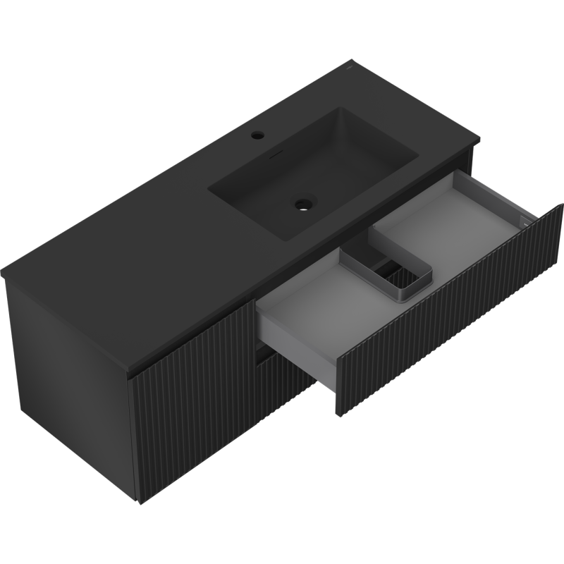 Mexen Rivel Badezimmerschrank 120 cm mit Waschbecken Otis rechts, 2S, 1D, gerillt, schwarz matt - 91A23-12047-3-BBFFF71-W18P71