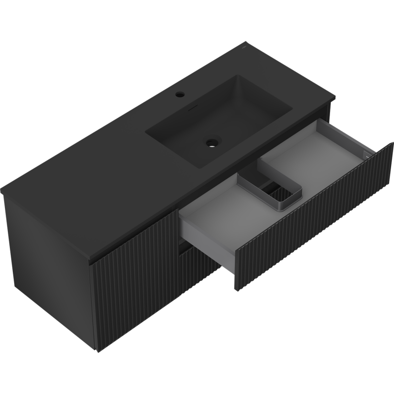Mexen Rivel mobile da bagno 120 cm con lavabo Otis destro, 2S, 1D, scanalato, nero opaco - 91A23-12047-3-BBFFF71-W18P71