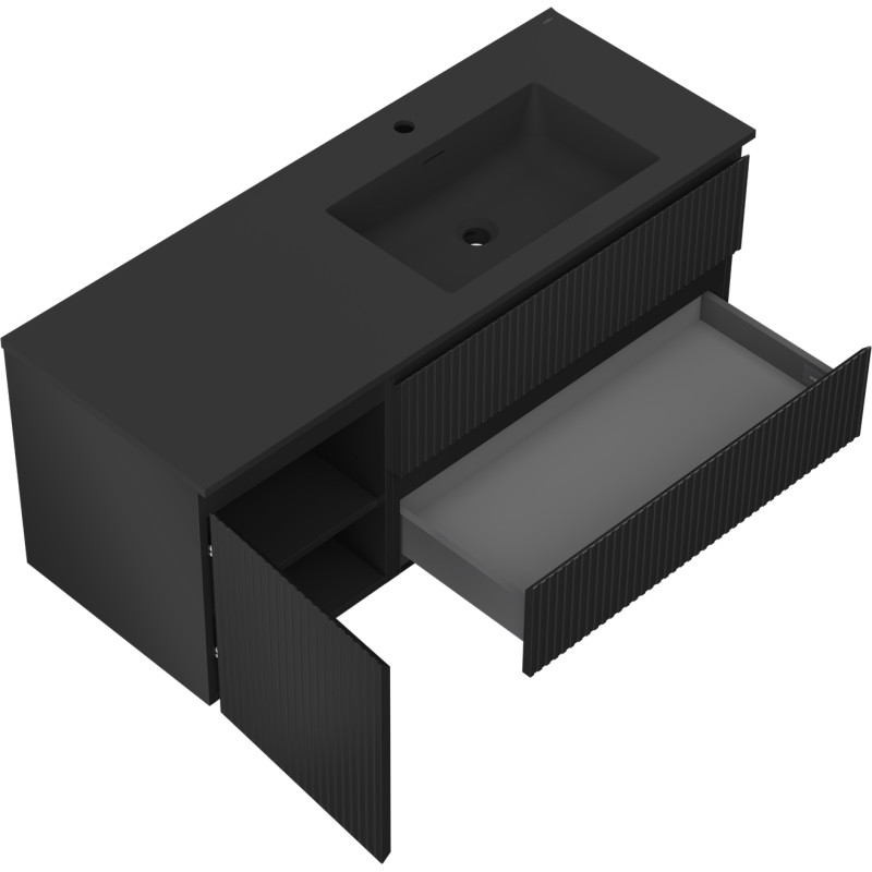 Mexen Rivel armario de baño de 120 cm con lavabo Otis a la derecha, 2S, 1D, acanalado, negro mate