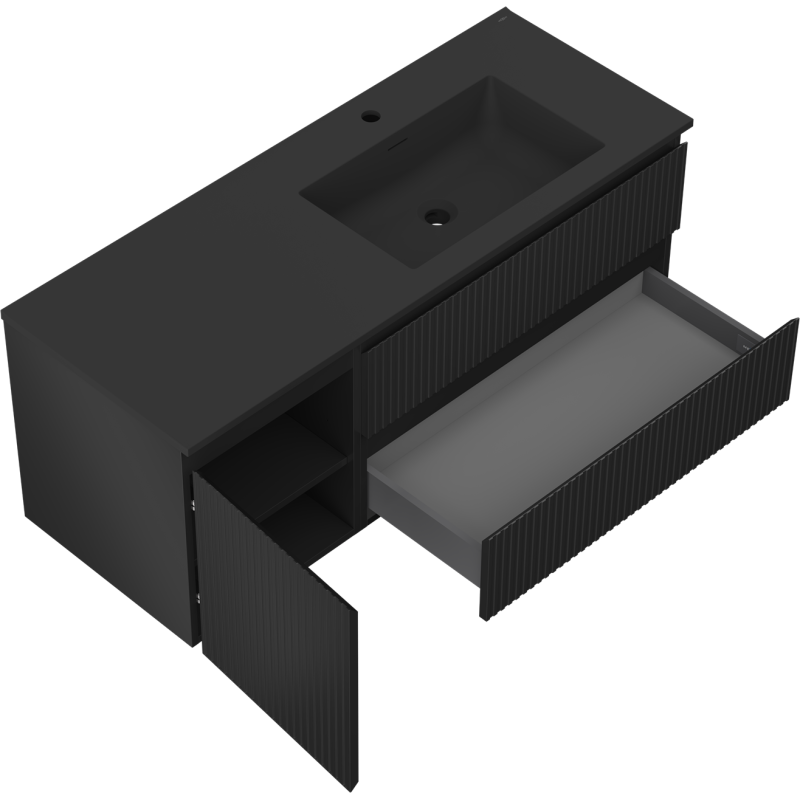 Mexen Rivel mueble de baño 120 cm con lavabo Otis a la derecha, 2S, 1D, acanalado, negro mate - 91A23-12047-3-BBFFF71-W18P71