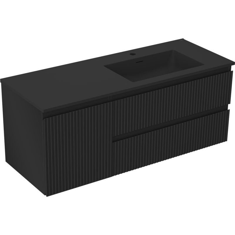 Mexen Rivel mueble de baño 120 cm con lavabo Otis a la derecha, 2S, 1D, acanalado, negro mate - 91A23-12047-3-BBFFF71-W18P71