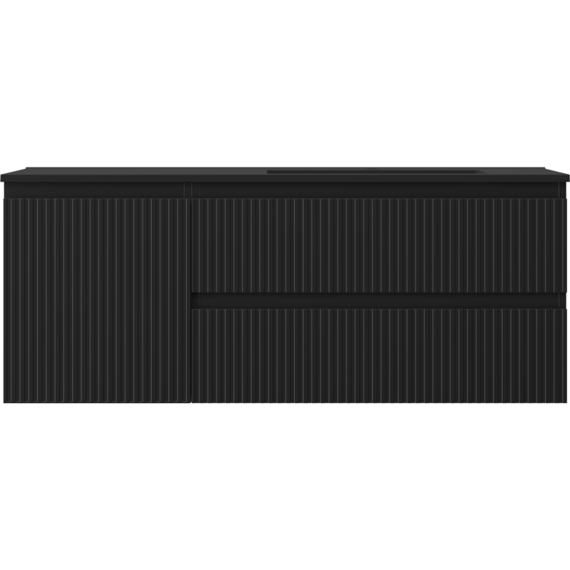 Mexen Rivel Badezimmerschrank 120 cm mit Waschbecken Otis rechts, 2S, 1D, gerillt, schwarz matt - 91A23-12047-3-BBFFF71-W18P71