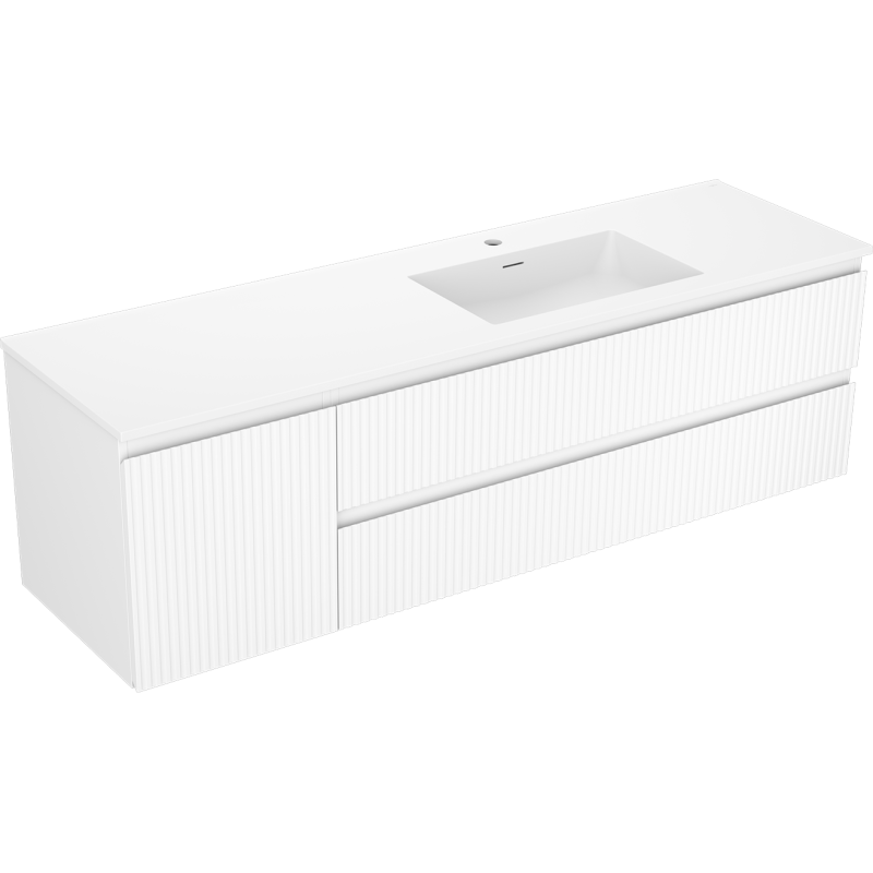 Mexen Rivel bathroom cabinet 160 cm with Otis right basin, 2S, 1D, fluted, white matte - 91A23-16047-3-BBFFF01-W18P01