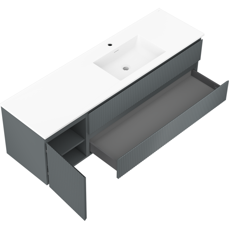 Mexen Rivel mueble de baño de 160 cm con lavabo Otis derecho, 2S, 1D, estriado, grafito/blanco mate