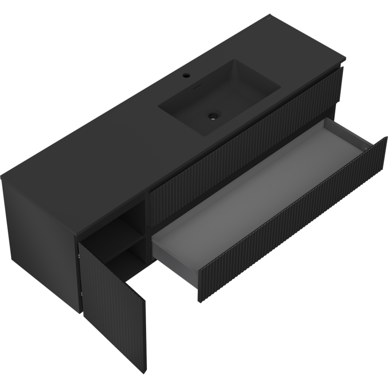 Mexen Rivel Badezimmerschrank 160 cm mit Waschbecken Otis rechts, 2S, 1D, geriffelt, schwarz matt - 91A23-16047-3-BBFFF71-W18P71